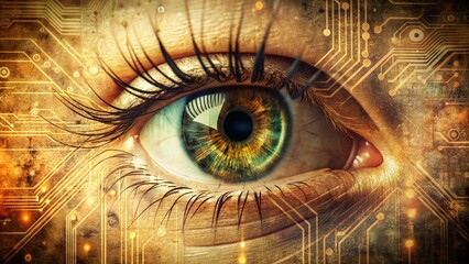 Vintage Close-Up of Eye with Digital Technology Elements for Futuristic Concepts