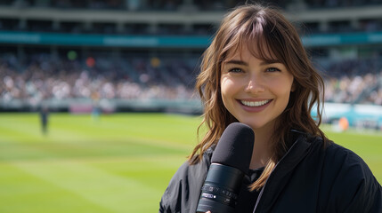 A female sports reporter in her late thirties, standing on the pitch of an outdoor cricket stadium with a camera and microphone for an interview