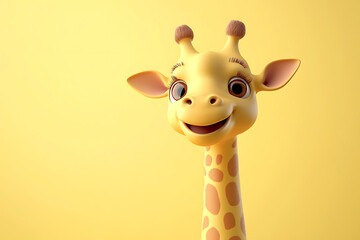 Cartoon giraffe with a cheerful expression against a yellow background.