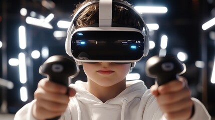 Excited Boy Engaging in Virtual Reality Experience