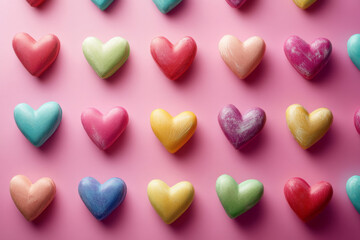 Fototapeta premium Colorful hearts on a soft pink background ideal for romantic themes