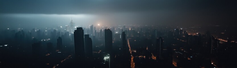 Fototapeta premium A breathtaking nighttime cityscape shrouded in fog, with tall skyscrapers emitting a soft glow, creating a mysterious yet enchanting urban atmosphere that captures serenity.