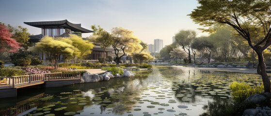 Serene Lakeside Japanese Garden at Sunrise