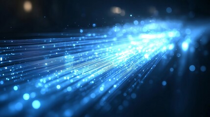 Blue light rays and fiber optic cables glowing on black background