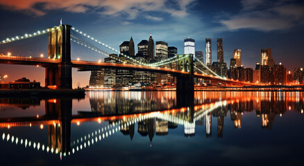 Fototapeta premium Illuminated City Skyline with Reflected Bridge