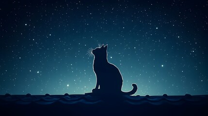 Silhouetted Cat on Rooftop Under Starry Night Sky