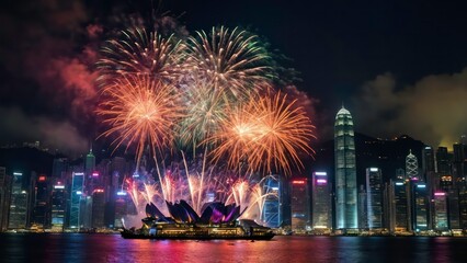 A dazzling display of colorful fireworks lighting up the Hong Kong skyline