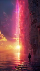 Fototapeta premium Silhouette of a Man at Sunset with a Glowing Cliff