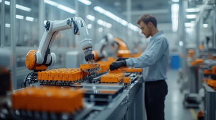 Fototapeta premium Realistic shot of a factory with robotic arms and workers on the production line