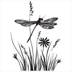 Simple vector logo of a dragonfly and flowers on grass, in pure black and white background.

