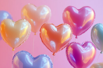 Obraz premium A colorful display of heart-shaped balloons against a soft pink background
