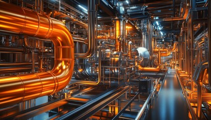 A complex network of pipes and machinery in a modern industrial plant.