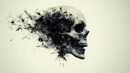 Artistic representation of a skull disintegrating into particles