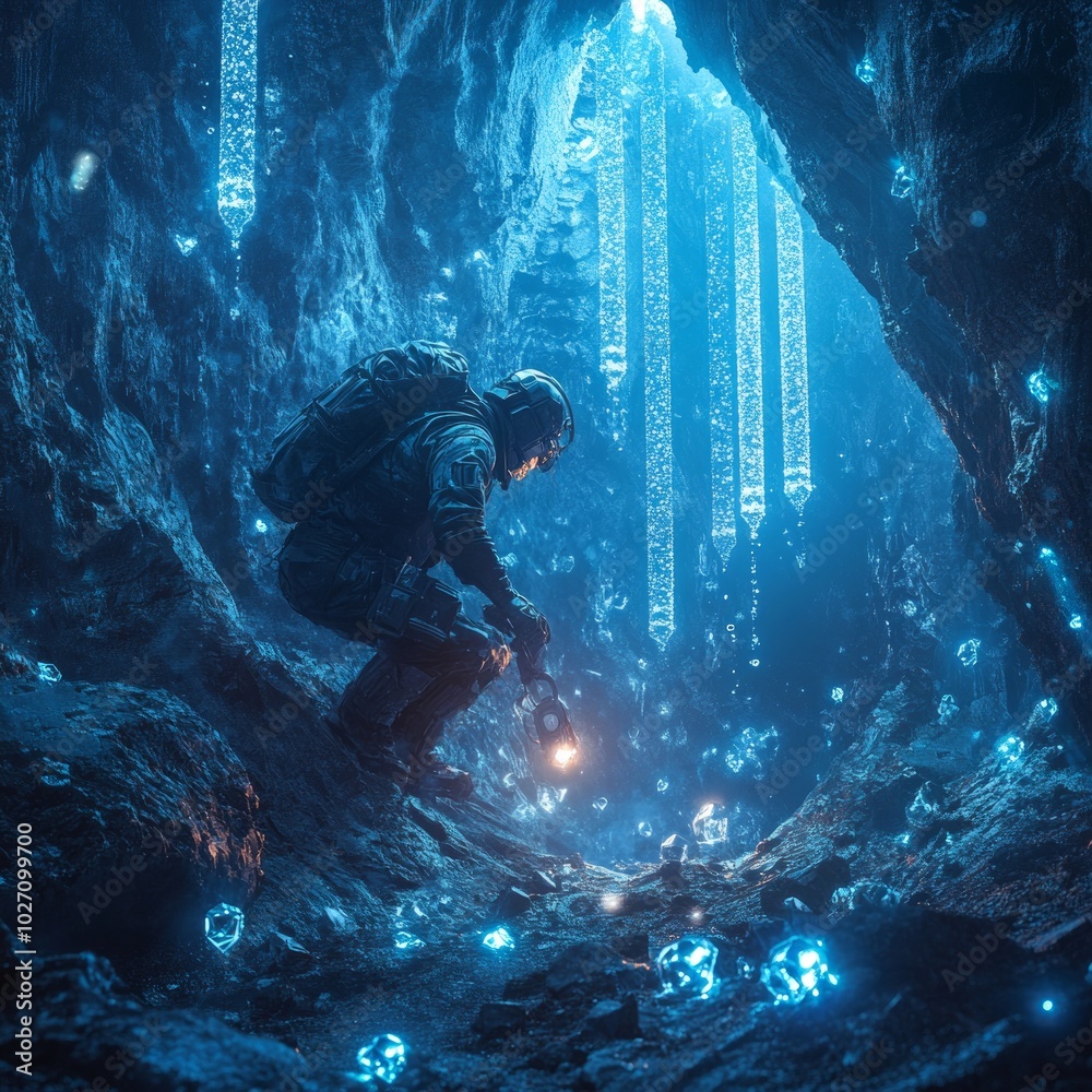 Wall mural A lone explorer in a cavernous environment, illuminated by bioluminescent crystals.