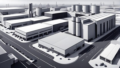 modern factory using clean lines and geometric forms in a monochromatic color palette