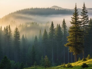 Lush Pine Trees in Foggy Mountain Landscape 