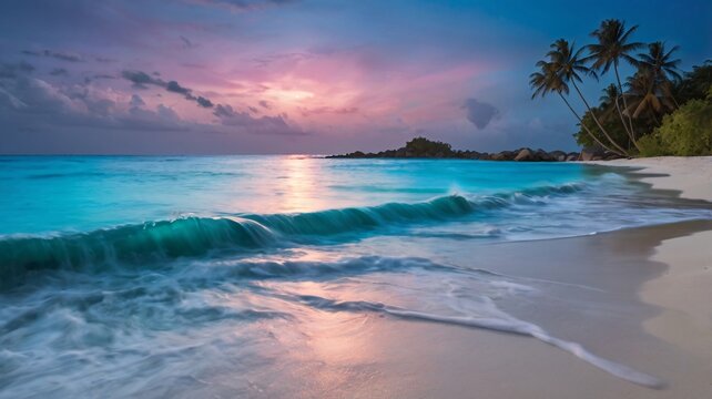 bioluminescent waves lapping at a starlit tropical beach