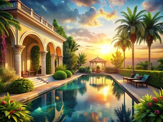Vintage Poolside Relaxation with Architectural Elegance