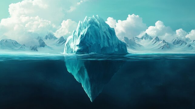 A large iceberg with its tip above water and the rest submerged in the ocean, a concept of hidden potential, unknown facts, and what lies beneath the surface.
