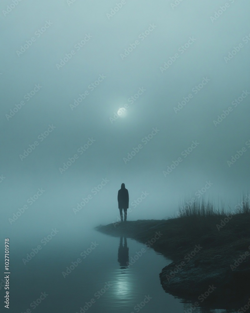 Poster A lone figure stands on a misty shore, gazing at the distant sun.