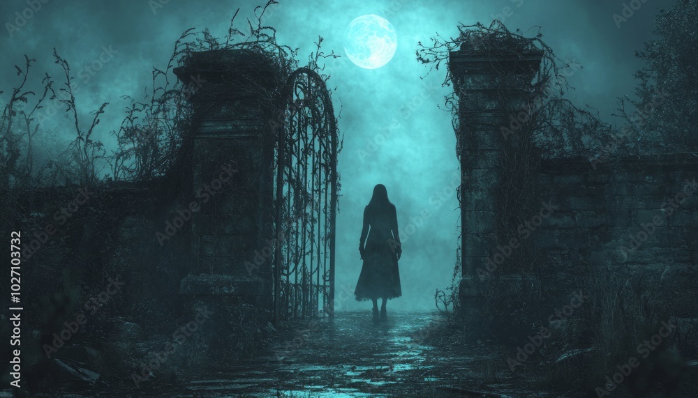 Canvas Prints A lone woman walks towards a mysterious gate under a full moon.