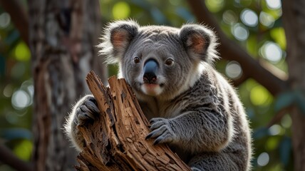 Obraz premium a cuddly koala perched on a tree branch in a sunlit forest. Its soft, gray fur is bathed in warm light, and its large, round eyes gaze out at the world with a sense of curiosity.