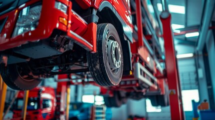 Fototapeta premium Truck on a lift at a truck service station. close-up of a car's undercarriage.