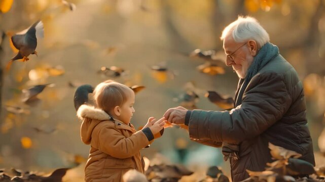 A grandfather and his grandson feed birds in a park on a sunny autumn day, Grandpa feeding birds in the park with his grandchild, surrounded by nature