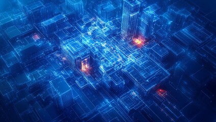 A digital cityscape with glowing lines and structures, representing a futuristic urban environment.