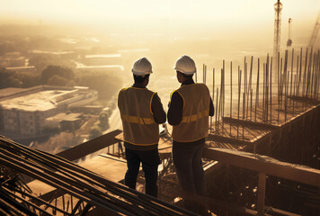 Construction Engineers Overseeing Project at Sunset