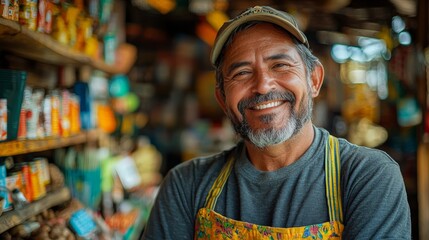 Fototapeta premium Man with a beard and a smile is standing in front of a store. He is wearing a black shirt and a black hat. shopkeeper smiling and winking,