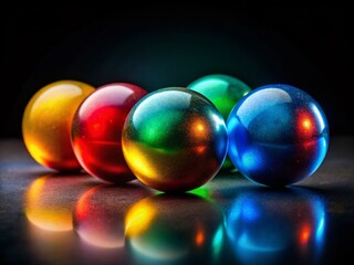 Vintage Style Photography of Five Colorful Spheres on a Black Background for Artistic Display