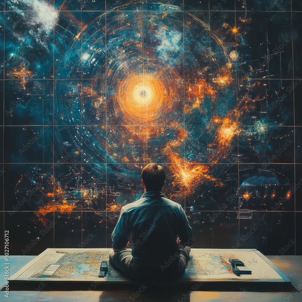 Wall mural A man contemplates a large cosmic map, gazing at a bright, swirling nebula.