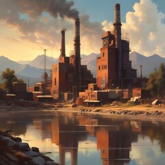 Industry pollution with large chimney and smog  in landscape. 