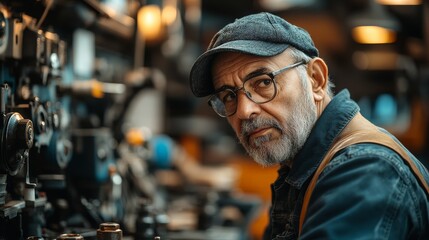 Obraz premium Man with a beard and gray hair is standing in front of a workbench. He is wearing a black jacket and a gray sweater. 50-year old persian mechanic worker with tools and in a modern truck workshop