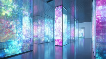 A glass room filled with floating digital canvases, each displaying AI-generated fractal patterns that change with the light.