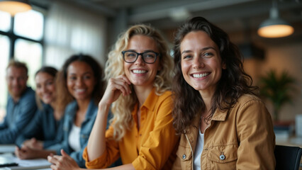Fototapeta premium A group of people of different nationalities smiling and collaborating in a brightly lit office space, symbolizing inclusivity and teamwork.