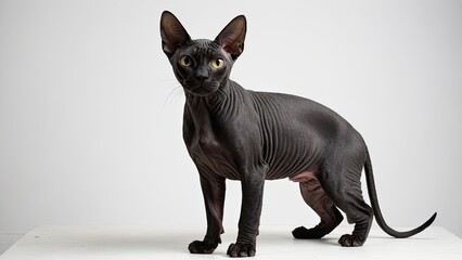 Portrait of Black sphynx cat on grey background