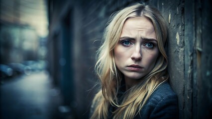 Obraz premium Pensive woman leaning against a wall in an urban setting