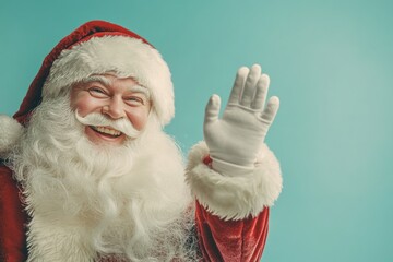 Jolly Santa Claus Waving Against Pastel Blue Background, Festive Holiday Greeting Card or Gift Idea Generative AI