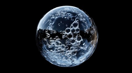 Obraz premium A transparent sphere floating in a dark space, its surface shifting with AI-generated fractal patterns evolving into new shapes.