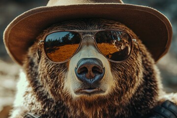 Brown bear with sunglasses and hat