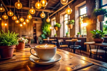 Fototapeta premium Warm Latte Coffee in a Cozy Cafe with High Dynamic Range Lighting