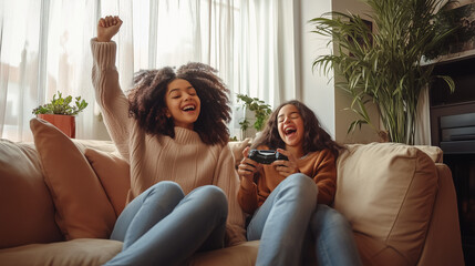 two girls sitting on sofa gaming
