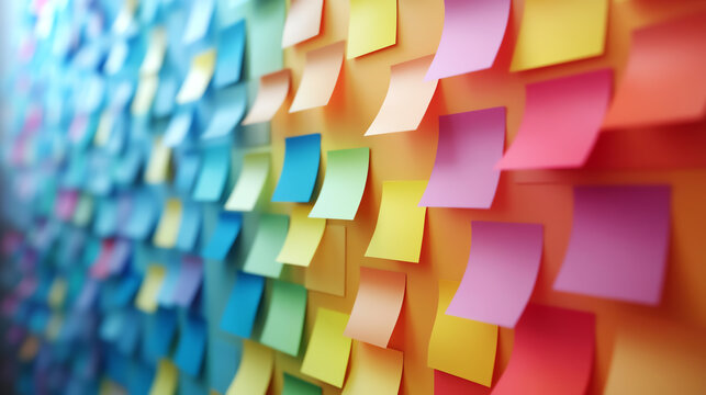 Teamwork concept with bright sticky notes on the wall, office brainstorming, strategic planning session.
