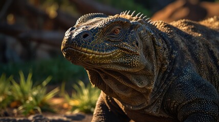 Obraz premium The fearsome Komodo dragon, with its powerful jaws and sharp teeth, is a mixture of brown and black scales that blend perfectly with its surroundings.
