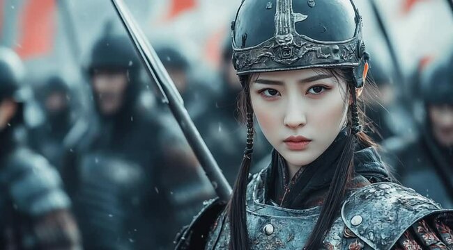 Scene of an ancient asian female warrior posing cool, Camera slow motion with different angles