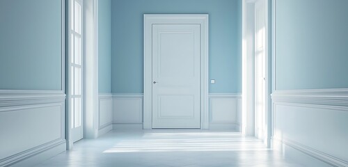 Pale blue walls and white doors in a spacious, minimalist hallway.