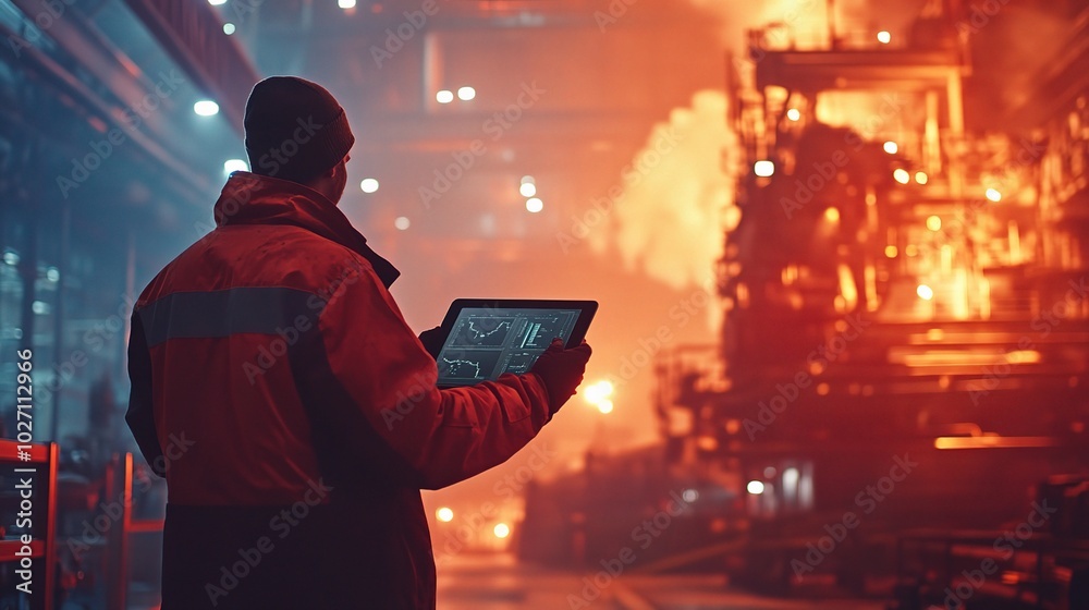 Canvas Prints Worker Monitoring Factory Operations with Tablet Device