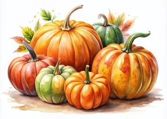 Watercolor Pumpkins Vector Set - Isolated, Autumn Decor, Seasonal Elements, Fall Harvest, Halloween Theme